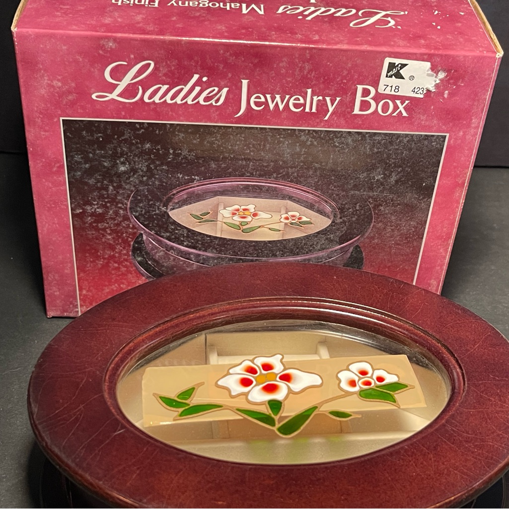 Vtg Oval Mele Co Wood Jewelry Box With Glass Lid And Painted Floral Design Nib 25$